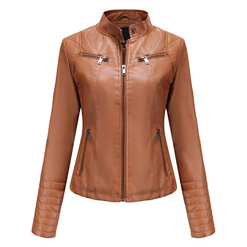 E-girl Damen Braun Kunstleder Motorrad Jacke Lederjacke Schlank Reißverschluss Stehkragen Kurz Mantel,38,PN788 von E-girl