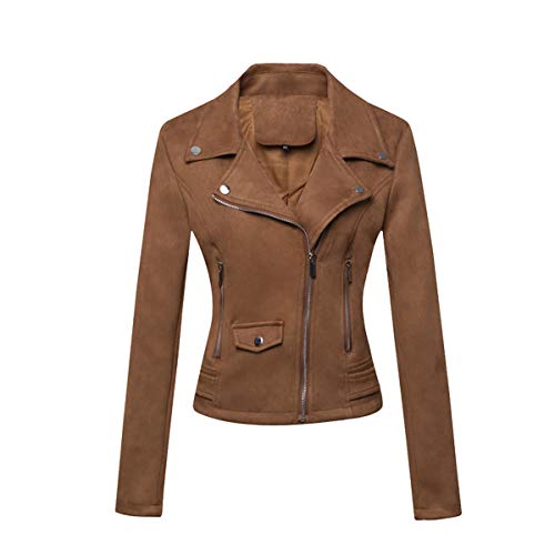 E-girl Damen Braun Wildleder Motorrad Jacke Lederjacke Schlank Reißverschluss Revers Kurz Mantel,P120-1,L von E-girl