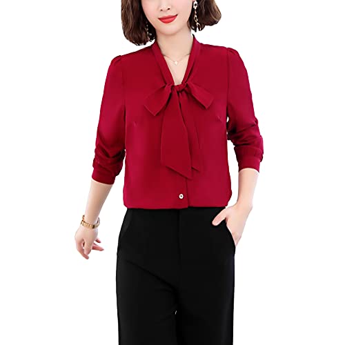 E-girl Damen Burgund Hemdbluse Seide Solide Button Down Hemden Damenbluse Langarm Krawatte Seidenbluse,L,S1912 von E-girl