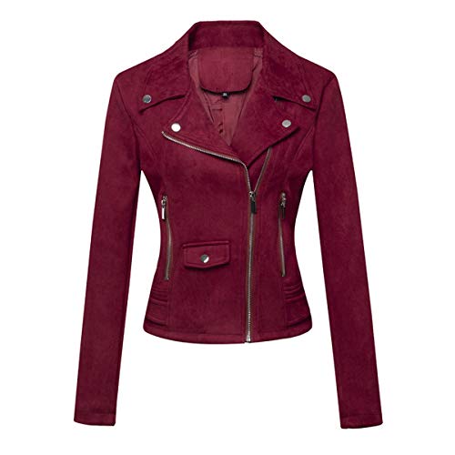 E-girl Damen Burgund Wildleder Motorrad Jacke Lederjacke Schlank Reißverschluss Revers Kurz Mantel,P120-1,L von E-girl