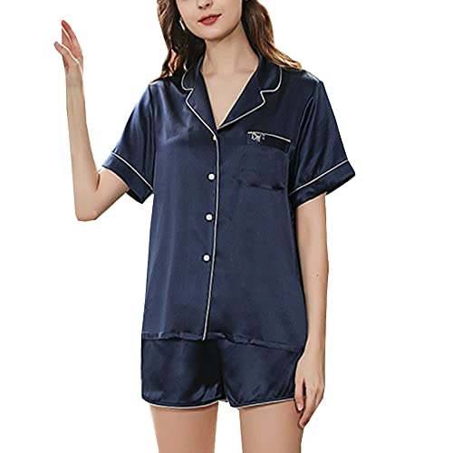 E-girl Damen Dunkelblau Einfach 100% Seide Pyjama-Set Oberteil und Shorts Schlafanzüge Kurzarm 19 Momme Seidenpyjama,M,D2108C von E-girl