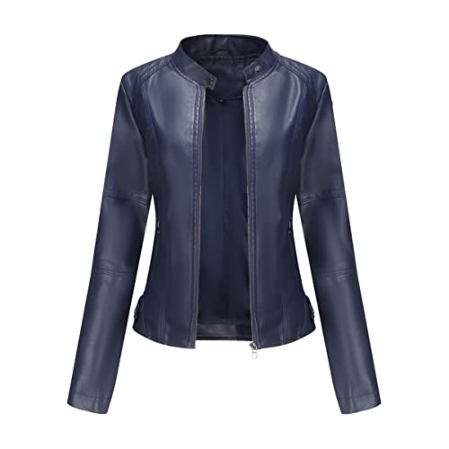 E-girl Damen Dunkelblau Kunstleder Motorrad Jacke Lederjacke Schlank Reißverschluss Stehkragen Kurz Mantel,40,PN767 von E-girl