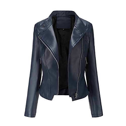 E-girl Damen Dunkelblau Lederjacke Schlank Kurz Kunstleder Revers Jacket Reißverschluss Motorrad Jacke für Frühling und Herbst,M,C5087N von E-girl