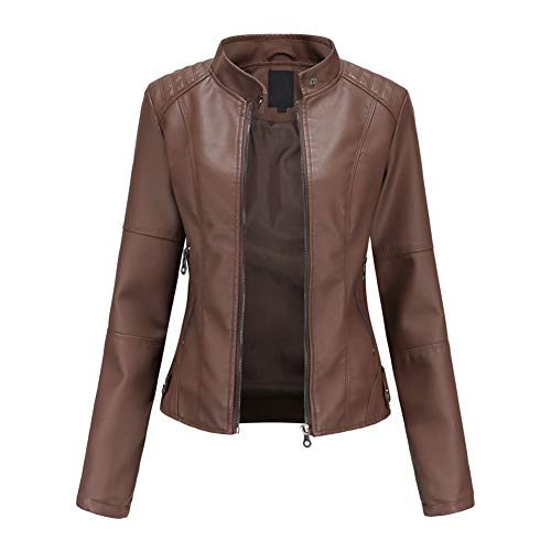 E-girl Damen Dunkelbraun Kunstleder Motorrad Jacke Lederjacke Schlank Reißverschluss Stehkragen Kurz Mantel,42,PN767 von E-girl