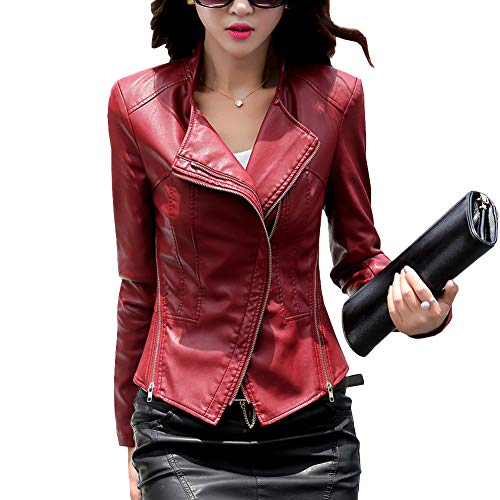 E-girl Damen Dunkelrot Taillierte Kurze Kunstleder Bikerjacke Lederjacke,P905,3XL von E-girl