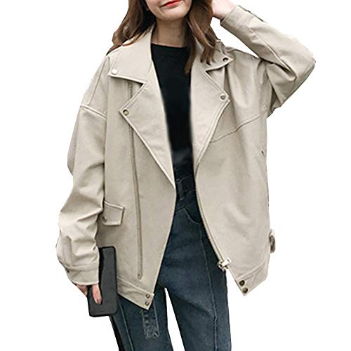 E-girl Damen Elfenbein Kunstleder Motorrad Jacke Lederjacke Entspannt Reißverschluss Revers Kurz Mantel,P5812,L von E-girl