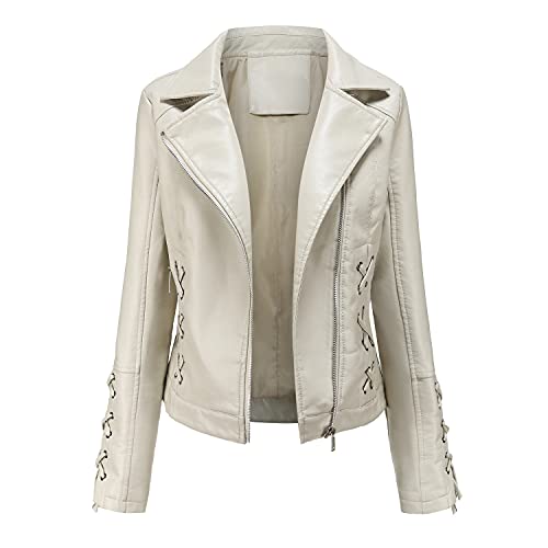 E-girl Damen Elfenbein Lederjacke Schlank Kurz Kunstleder Revers Jacket Reißverschluss Motorrad Jacke für Frühling und Herbst,L,C5091N von E-girl