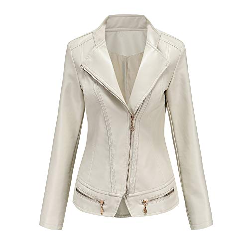 E-girl Damen Elfenbein Lederjacke Schlank Kurz Kunstleder Stehkragen Jacket Reißverschluss Motorrad Jacke für Frühling und Herbst,XXL,C257N von E-girl