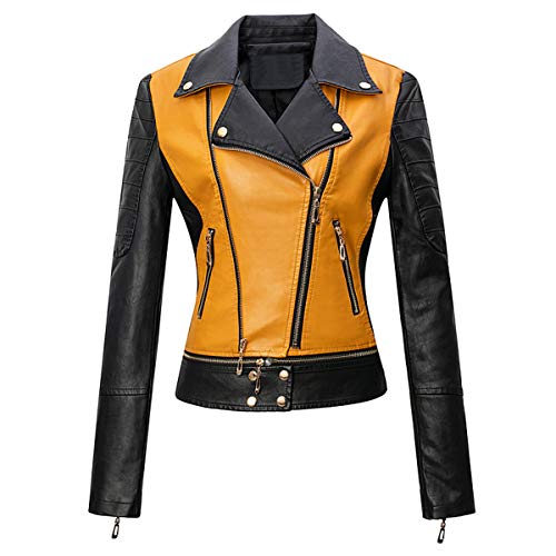 E-girl Damen Gelb Kunstleder Motorrad Jacke Lederjacke Schlank Reißverschluss Revers Kurz Mantel,P8820,L von E-girl