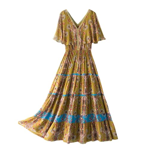 E-girl Damen Gelb Seidenkleid Blumen V-Ausschnitt Ohne Arm 100% Seide Kleid Luftiges Elastische Taillen Falten Langes Mulberry Seidenkleid,EU 44,D2027 von E-girl