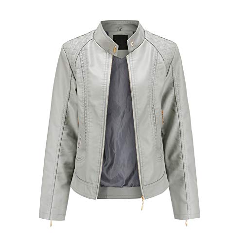 E-girl Damen Grau Kunstleder Motorrad Jacke Lederjacke Schlank Reißverschluss Stehkragen Kurz Mantel,38,PB536 von E-girl