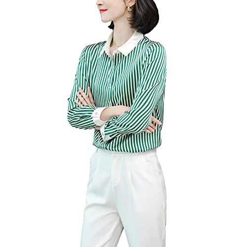 E-girl Damen Grün Hemdbluse Seide Gestreifte Button Down Hemden Damenbluse Langarm Revers Seidenbluse,M,S9093 von E-girl