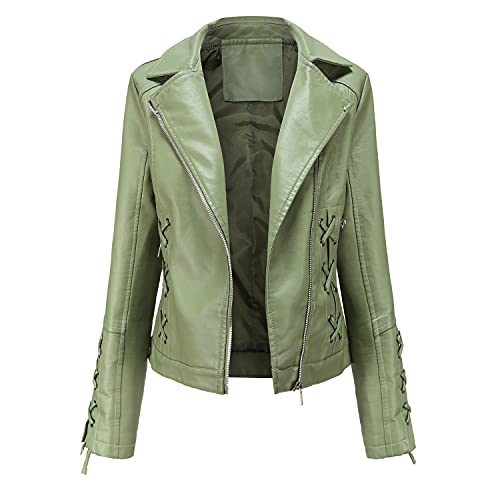 E-girl Damen Grün Lederjacke Schlank Kurz Kunstleder Revers Jacket Reißverschluss Motorrad Jacke für Frühling und Herbst,3XL,C5091N von E-girl