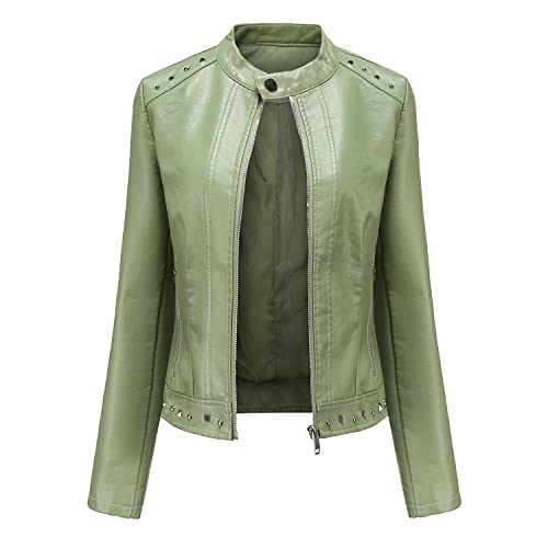 E-girl Damen Grün Lederjacke Schlank Kurz Kunstleder Stehkragen Jacket Reißverschluss Motorrad Jacke für Frühling und Herbst,5XL,C5092N von E-girl