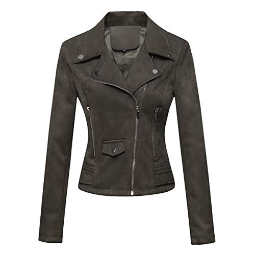 E-girl Damen Grün Wildleder Motorrad Jacke Lederjacke Schlank Reißverschluss Revers Kurz Mantel,P120-1,L von E-girl