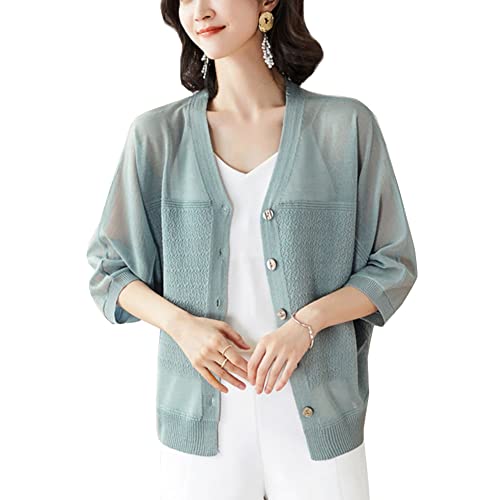 E-girl Damen Hellblau 3/4-Arm Strickjacke Leichter Knöpfen Strickjacke Atmungsaktiv V-Ausschnitt Kurz Strickjacke Top Bluse,42,C56011 von E-girl