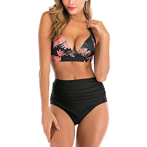 E-girl Damen Hohe Taille Halfter Bikini Sets Zweiteilige Bademode Quick-Dry,S130,Schwarz-1,3XL von E-girl