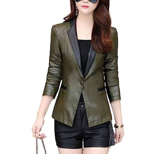 E-girl Damen Kunstleder Grün Blazer Jacke Kurz Schlank Langarm Knopf Lederjacke Mantel,EU 34,E6908 von E-girl