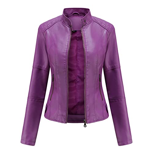 E-girl Damen Lila Kunstleder Motorrad Jacke Lederjacke Schlank Reißverschluss Stehkragen Kurz Mantel,38,PN767 von E-girl