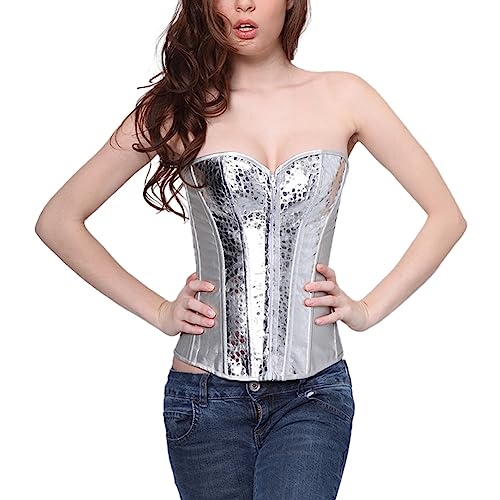 E-girl Damen Push-up Vollbrust Korsett Korsage Schnüren Kunststoff entbeint Silber Kunstleder Shapewear Corsage,Größe 38-40,E2797 von E-girl