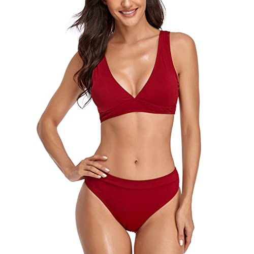E-girl Damen Racerback Bikini Set Elastische Rot Zweiteiliger Badebekleidung für Frauen Bademode,L,S7804 von E-girl