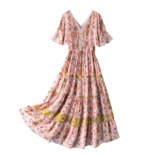 E-girl Damen Rosa Seidenkleid Blumen V-Ausschnitt Ohne Arm 100% Seide Kleid Luftiges Elastische Taillen Falten Langes Mulberry Seidenkleid,EU 40,D2027 von E-girl