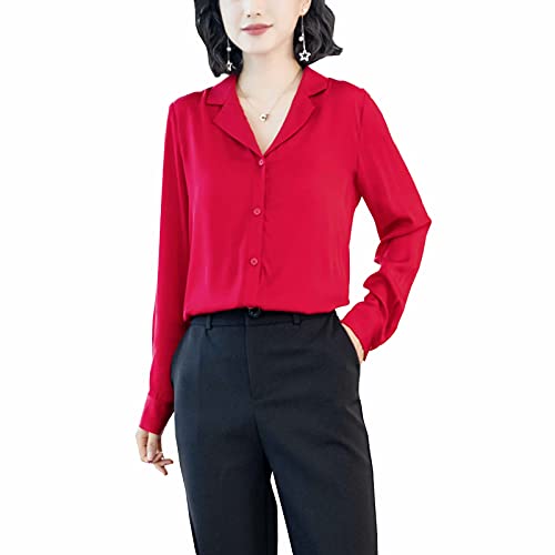 E-girl Damen Rot Hemdbluse Seide Solide Button Down Hemden Damenbluse Langarm Revers Seidenbluse,M,S3302 von E-girl