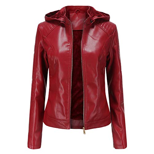 E-girl Damen Rot Kunstleder Freizeitjacke Lederjacke Schlank Reißverschluss mit Kapuze Kurz Mantel,40,P6677 von E-girl