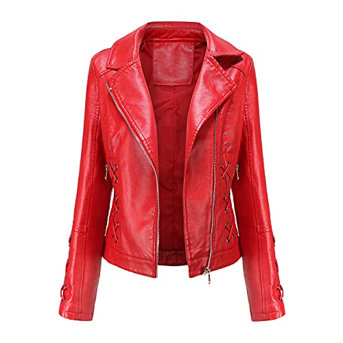 E-girl Damen Rot Lederjacke Schlank Kurz Kunstleder Revers Jacket Reißverschluss Motorrad Jacke für Frühling und Herbst,3XL,C5091N von E-girl