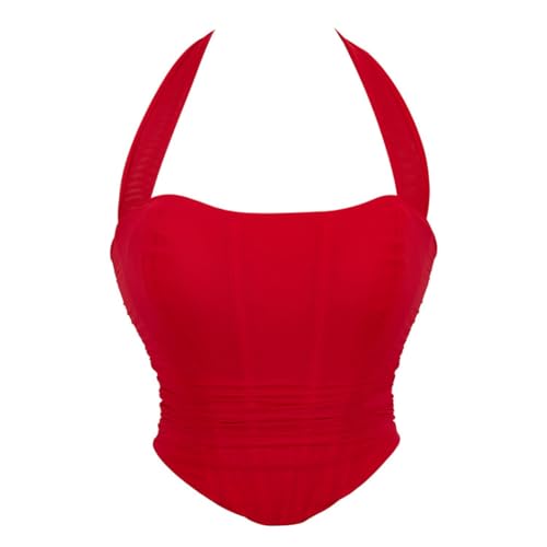 E-girl Damen Rot Push up Überbrust Korsett Top Einfarbiges Rücken Schnürung Korsage Corsage,38-40,C8649 von E-girl