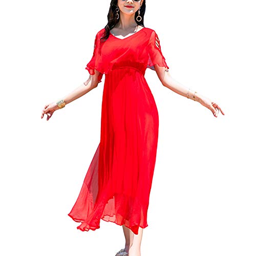 E-girl Damen Rot Seiden Kleid Ohne Arm V-Ausschnitt Solide 100% Seiden Langes Seiden Kleid,E6602,XL von E-girl