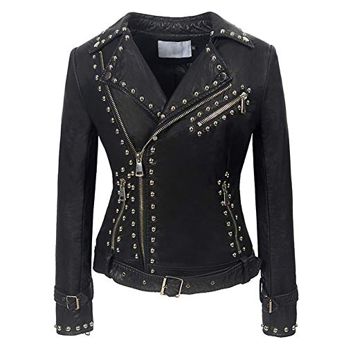 E-girl Damen Schwarz-2 Nieten Wildlederjacke Kunstleder Bikerjacke mit Reißverschluss,P0235,L von E-girl