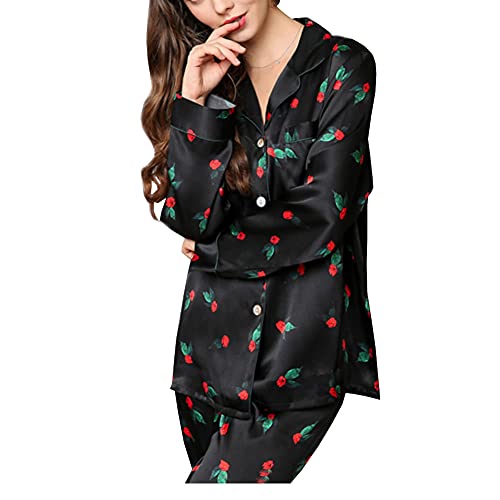 E-girl Damen Schwarz Einfach 100% Seide Pyjama-Set Oberteil und Capri-Hose Schlafanzug Langarm 19 Momme Seidenpyjama,XL,T8170 von E-girl