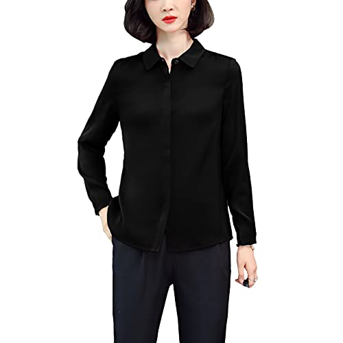 E-girl Damen Schwarz Hemdbluse Seide Solide Button Down Hemden Damenbluse Langarm Revers Seidenbluse,M,S3369 von E-girl