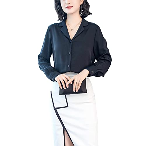 E-girl Damen Schwarz Hemdbluse Seide Solide Button Down Hemden Damenbluse Langarm Revers Seidenbluse,XXL,S3302 von E-girl