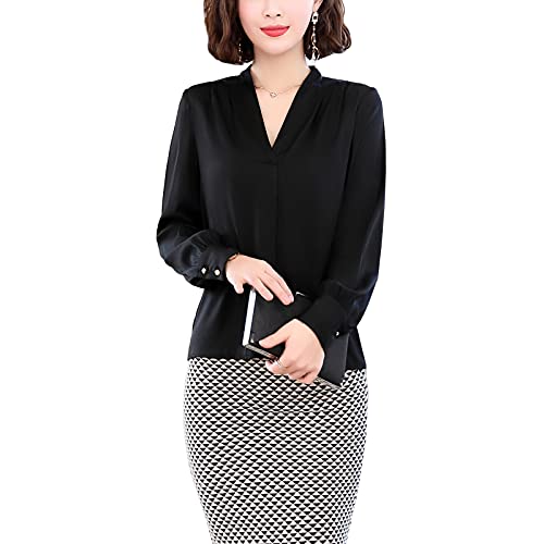 E-girl Damen Schwarz Hemdbluse Seide Solide Jumper Hemden Damenbluse Langarm V-Ausschnitt Seidenbluse,XL,S1901 von E-girl