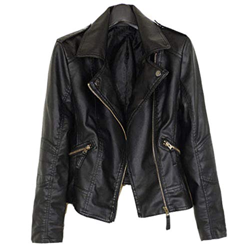 E-girl Damen Schwarz Kunstleder Motorrad Jacke Lederjacke Schlank Epaulett Revers Kurz Mantel,P100,XL von E-girl