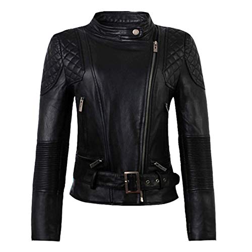 E-girl Damen Schwarz Kunstleder Motorrad Jacke Lederjacke Schlank Reißverschluss Stehkragen Kurz Mantel,P2801,XL von E-girl