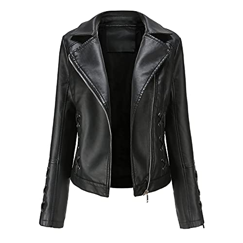 E-girl Damen Schwarz Lederjacke Schlank Kurz Kunstleder Revers Jacket Reißverschluss Motorrad Jacke für Frühling und Herbst,3XL,C5091N von E-girl