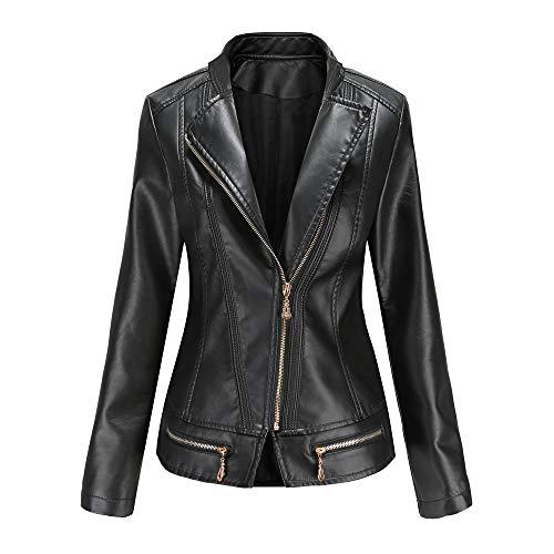 E-girl Damen Schwarz Lederjacke Schlank Kurz Kunstleder Stehkragen Jacket Reißverschluss Motorrad Jacke für Frühling und Herbst,4XL,C257N von E-girl