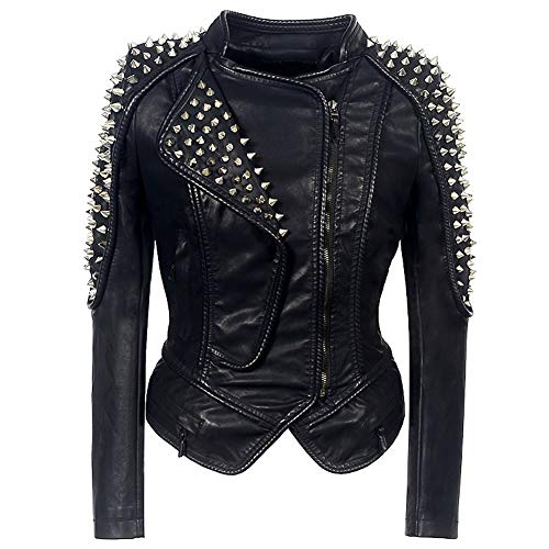 E-girl Damen Schwarz Nieten Lederjacke Kunstleder Bikerjacke mit Reißverschluss,P606,3XL von E-girl