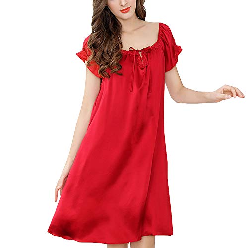 E-girl Damen Seide Nachtwäsche Nachthemd 100% Seide Bademantel mit Spitze Seidenkleid Kurzarm S2504,Rot,M von E-girl
