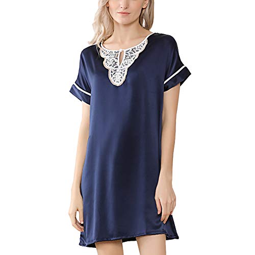 E-girl Damen Seide Nachtwäsche Nachthemd 100% Seide Bademantel mit Spitze Seidenkleid Kurzarm S5636,Blau,XXL von E-girl