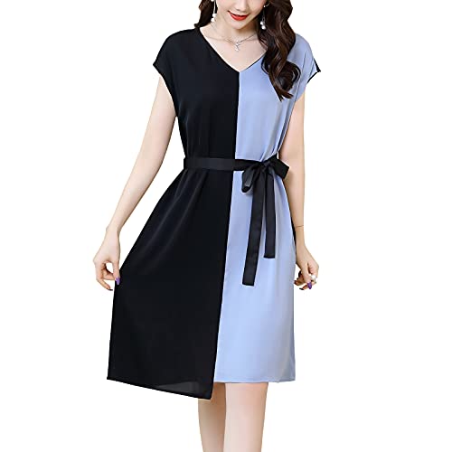 E-girl Damen Seidenkleid Retro Irregulär Kleid Kontrastfarbe SeidenKleider V-Ausschnitt Kurzarm Knielänge Seiden Kleid,Blau,XXL,D2271 von E-girl