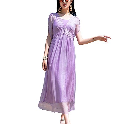 E-girl Damen Violett Seiden Kleid Kurzarm V-Ausschnitt Solide 100% Seiden Langes Seiden Kleid,E6603,S von E-girl
