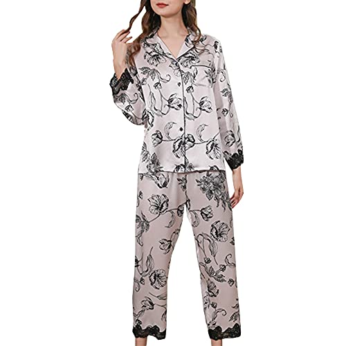 E-girl Damen Weiß Blumen 100% Seide Pyjama-Set Oberteil und Capri-Hose Schlafanzug Langarm 19 Momme Seidenpyjama,L,T8260 von E-girl