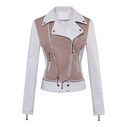 E-girl Damen Weiß Kunstleder Motorrad Jacke Lederjacke Schlank Reißverschluss Revers Kurz Mantel,P8820,L von E-girl