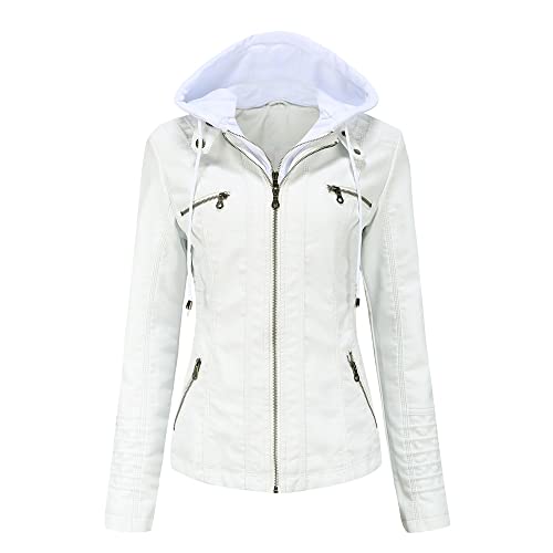 E-girl Damen Weiß Lederjacke Schlank Kurz Kunstleder Kapuze Jacket Reißverschluss Motorrad Jacke für Frühling und Herbst,3XL,C6699N von E-girl