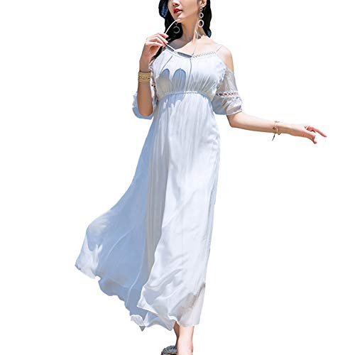 E-girl Damen Weiß Seiden Kleid Kurzarm Trägerlos Solide 100% Seiden Langes Seiden Kleid,E1976,M von E-girl