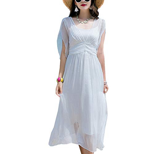 E-girl Damen Weiß Seiden Kleid Kurzarm V-Ausschnitt Solide 100% Seiden Langes Seiden Kleid,E6603,S von E-girl